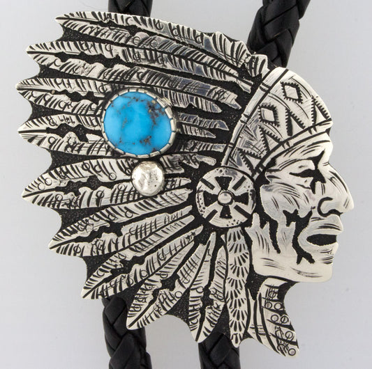 Indian Head With Kingman Turquoise Bolo Tie