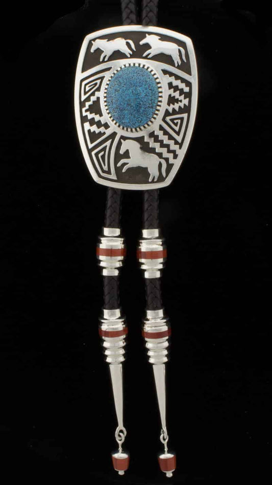 High Grade Natural Black Web Kingman Turquoise Bolo Tie With Coral Inlay