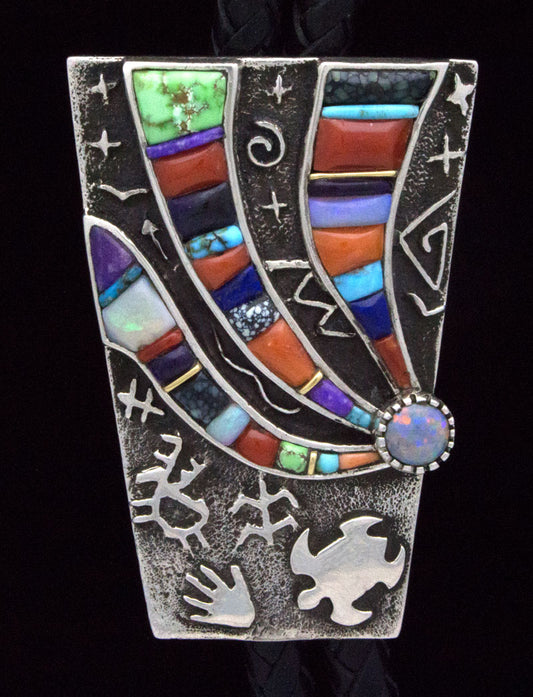 Tufa Cast Bolo Tie With A Natural Multi-Stone Raised Cobblestone Inlay Design