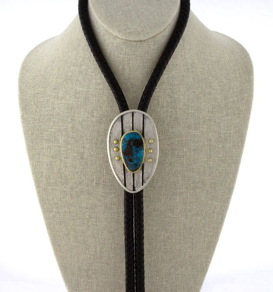 Tufa Cast Bolo Tie With High Grade Natural Apache Blue Turquoise, 18K Gold & Natural Mediterranean Coral