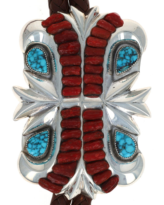 Turquoise And Coral Inlay Bolo Tie