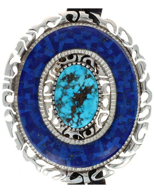 Morenci Turquoise Bolo Tie With Lapis Inlay Surround