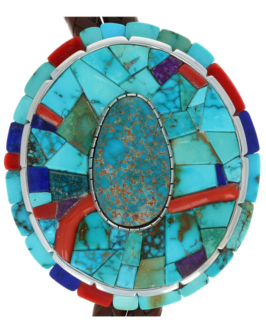 High Grade Natural Lone Mountain Turquoise Bolo Tie With Natural Multi-Stone Inlay Surround