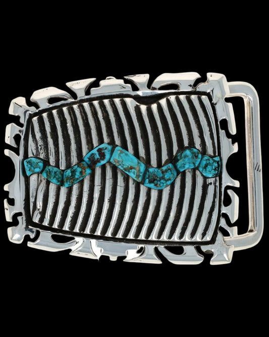 Tufa Cast Belt Buckle Inlaid With Natural Lone Mountain Turquoise
