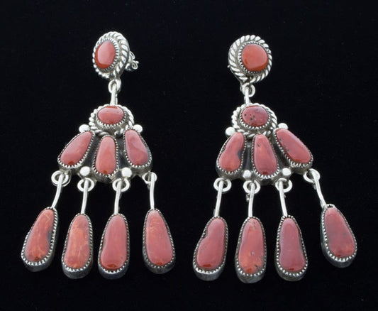 High-Grade Natural Mediterranean Coral Chandelier Style Earrings