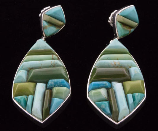 High Grade Natural Royston Turquoise Raised Cobblestone Inlay Earrings