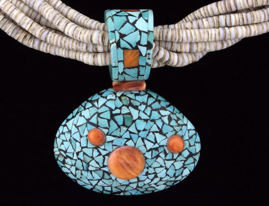 6-Strand Olive Shell Heishi Necklace With Inlaid Turquoise & Orange Spiny Oyster Shell Pendant