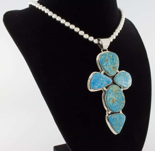Sterling Silver Bead Necklace With Kingman Turquoise Cross Pendant