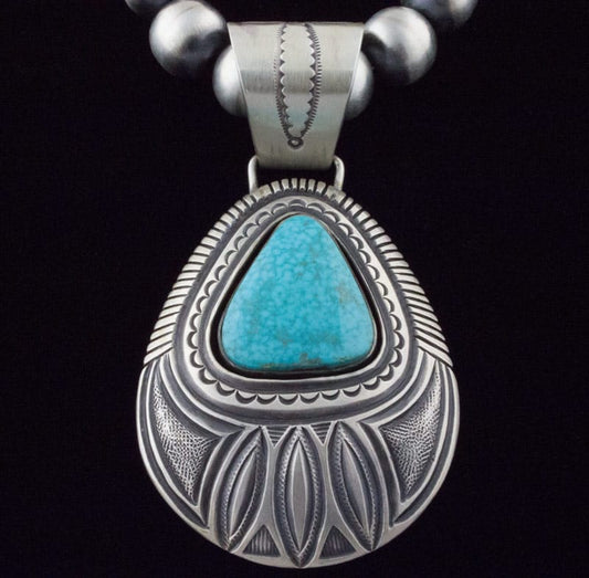 Handmade Sterling Silver Bead Necklace With Natural Birdseye Kingman Turquoise Pendant