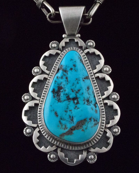 Handmade Sterling Silver Wire-Wrapped Link Chain Necklace With Natural Kingman Turquoise Pendant