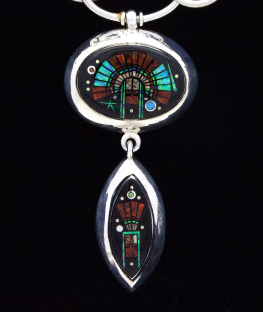 Sterling Silver Round & Oval Link Chain Necklace With Multi-Color Micro Inlay Headdress Drop