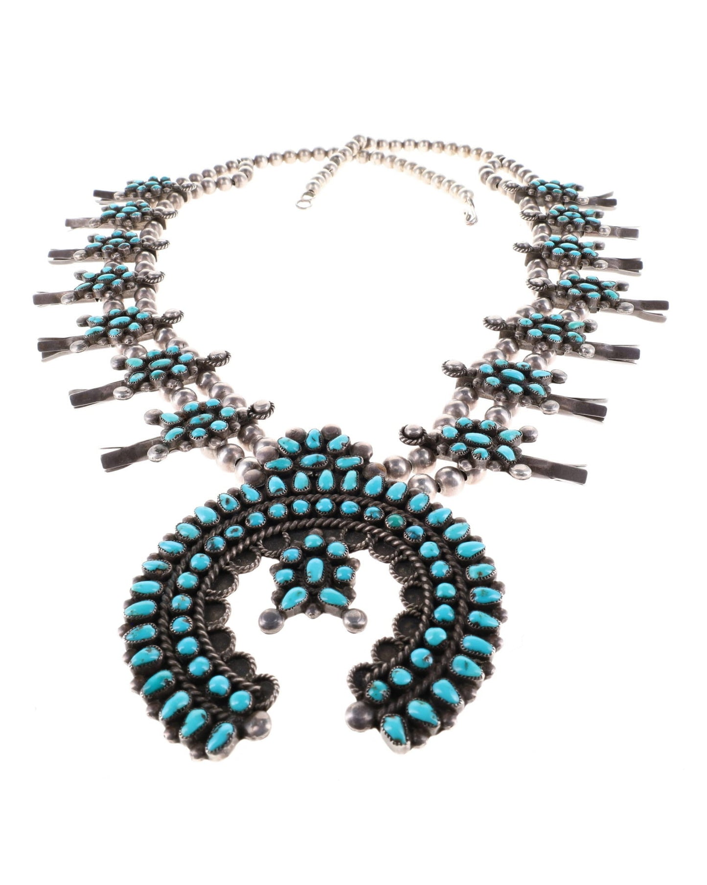 Collier vintage naturel en point petit turquoise avec pendentif fleur de courge