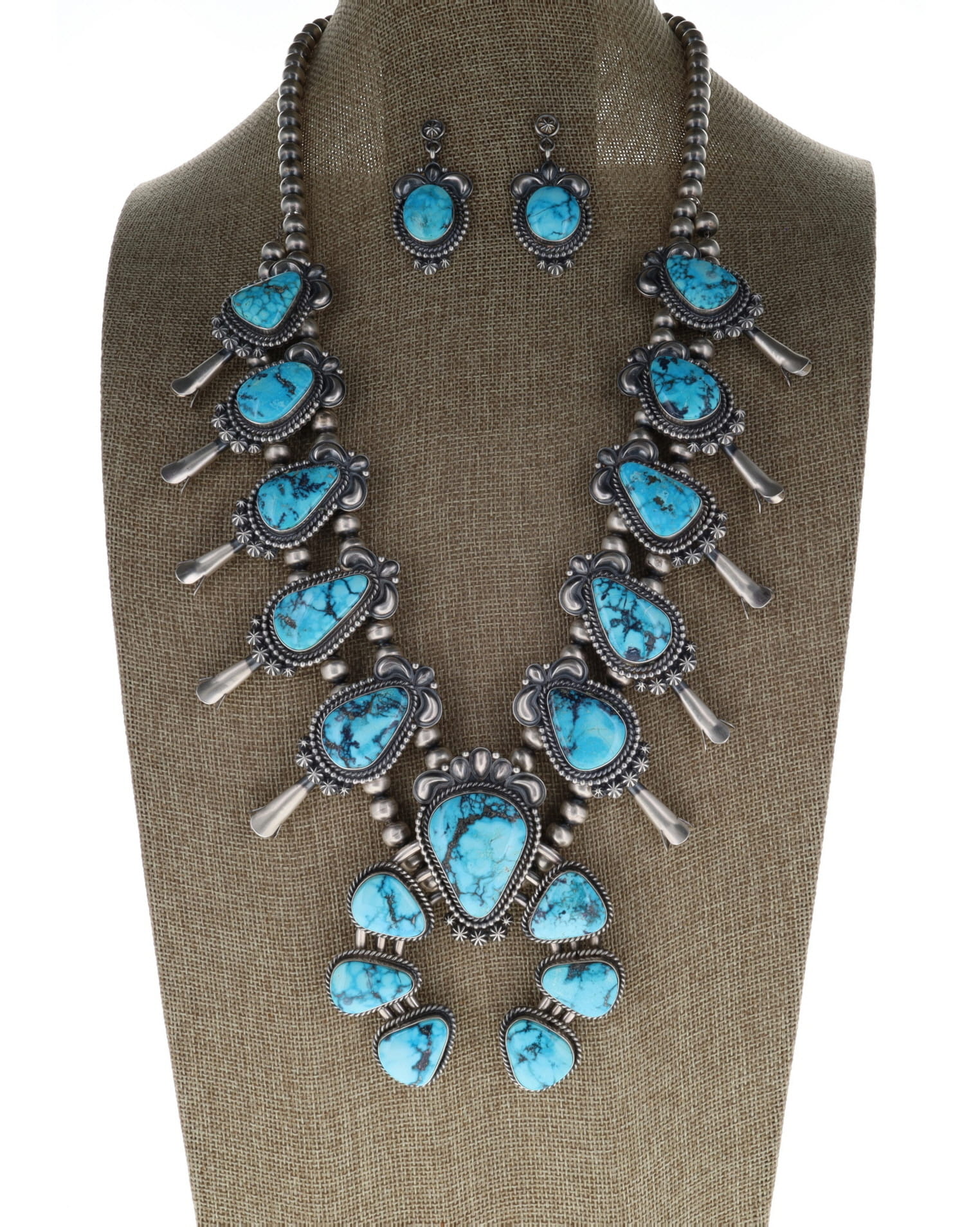 Natural Ithaca Peak Turquoise Squash Blossom Necklace With