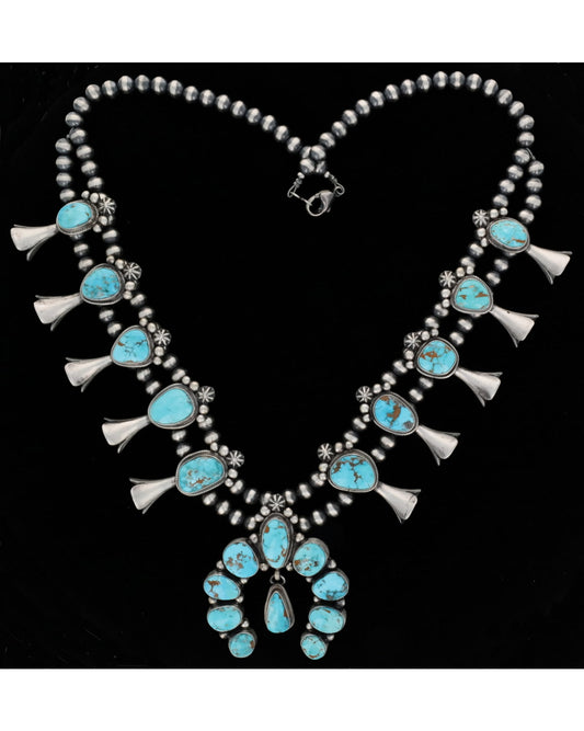 Natural Morenci Turquoise Squash Blossom Necklace With Matching Earrings