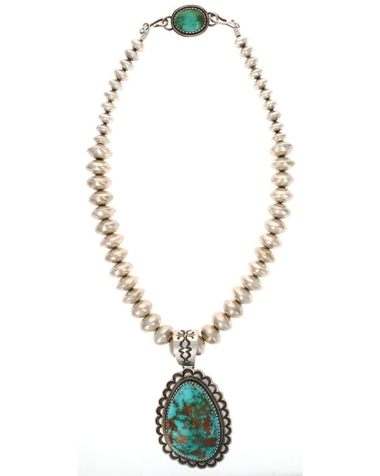 Sterling Silver Bead Necklace With High Grade Natural Royston Turquoise Pendant