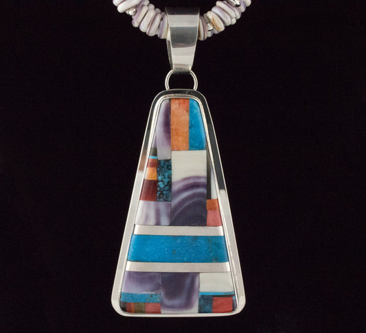 2-Strand Natural Wampum Bead Necklace With Multi-Color Inlay Pendant