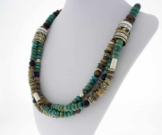 Kingman Turquoise Bead Necklace With 12K Gold Overlay On Sterling Silver Barrel Beads