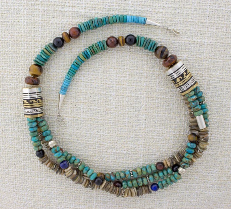 Kingman Turquoise Bead Necklace With 12K Gold Overlay On Sterling Silver Barrel Beads