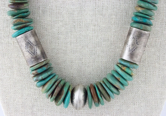 Kingman Turquoise Disc Bead Necklace With Hand Stamped Sterling Silver Barrel Beads