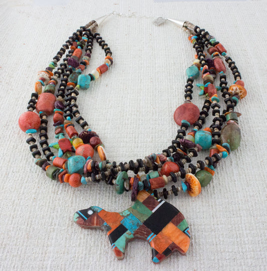 Multi-Color 5-Strand Treasure Necklace With Inlaid Multi-Color Fetish Bear Pendant