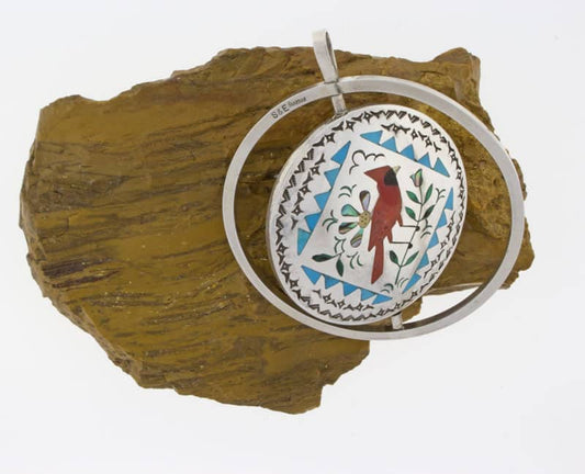 Reversible Multi-Color Inlay "Cardinal & Hummingbird" Pendant