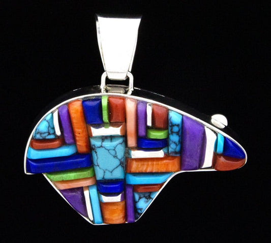 Pendentif ours en mosaïque de pavés surélevés multicolores réversible avec design en argent sterling