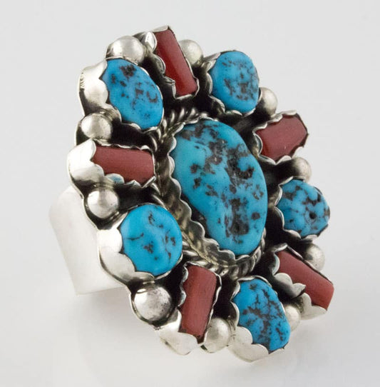 Turquoise & Coral Cluster Ring