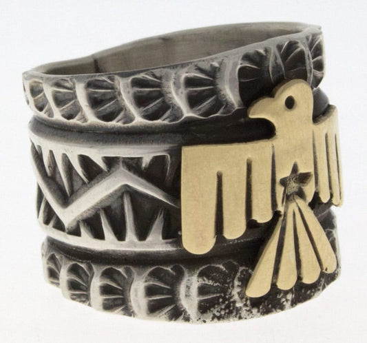 Sterling Silver Thunderbird Ring With 14k Gold Appliqué