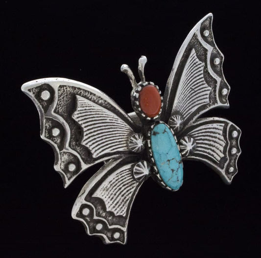Natural Lone Mountain Turquoise & Coral Butterfly Ring