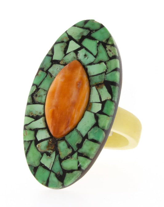 Elk Bone Ring With Orange Spiny Oyster And Natural Carico Lake Turquoise Inlay Surround