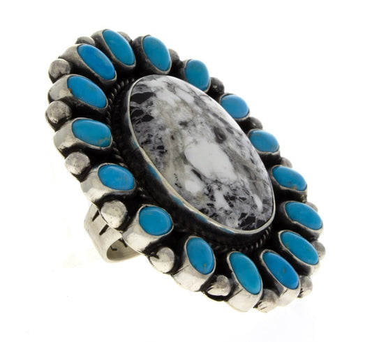 White Buffalo Statement Ring With Natural Sleeping Beauty Turquoise Surround