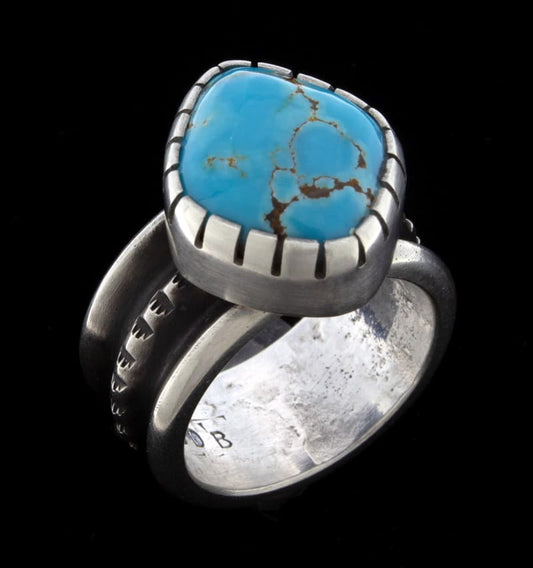 Tufa Cast Ring With High Grade Natural Lone Mountain Turquoise