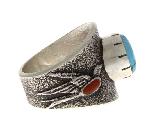 Tufa Cast Barn Swallow Ring With Natural Lone Mountain Turquoise & Coral