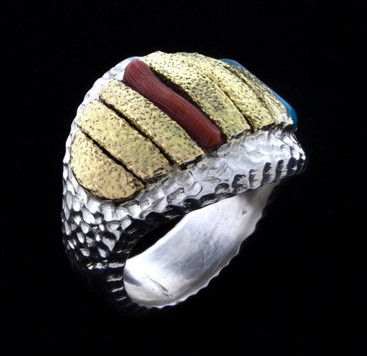 18K Gold, Coral & Turquoise Raised Inlay Bar Ring