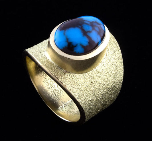 Tufa Cast 14K Gold Ring With High Grade Natural Bisbee Turquoise