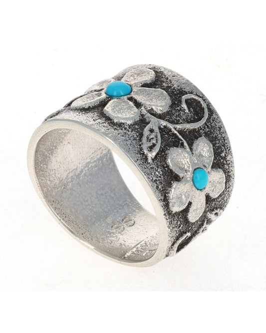 Tufa Cast Flower Ring With Natural Lone Mountain Turquoise