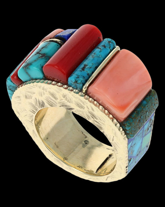 14K Gold Ring With High Grade Natural Multi-Stone Inlay Design