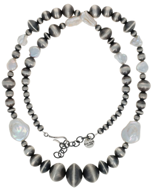Handmade Graduated Sterling Silver Bead Necklace With Natural Fresh Water Pearls