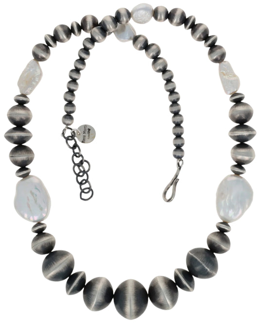 Handmade Graduated Sterling Silver Bead Necklace With Natural Fresh Water Pearls