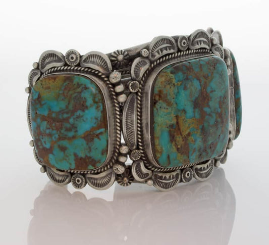 High Grade Natural Candelaria Turquoise 3-Stone Row Bracelet
