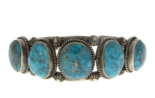 High Grade Natural Morenci Turquoise 5-Stone Row Bracelet