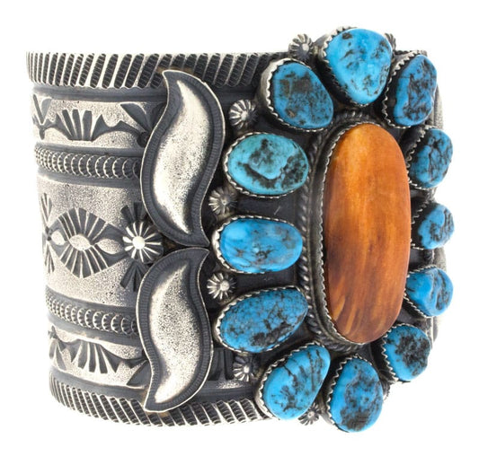 Orangenstachelmuschelarmband mit natürlichem, freiformigem Sleeping Beauty Türkisrand