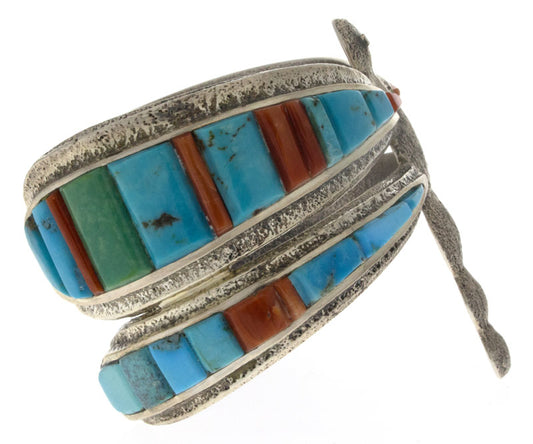 Tufa Cast Kingman Turquoise & Coral Raised Cobblestone Inlay Dragonfly Bracelet