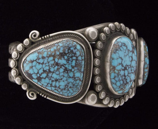 Natural Black Web Kingman Turquoise 3-Stone Row Bracelet