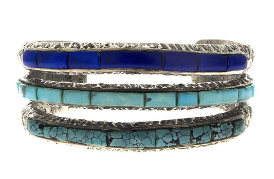Open 3-Row Raised Cobblestone Turquoise & Lapis Inlay Bracelet