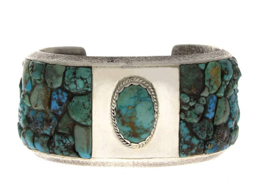 Natural Royston Turquoise Center Stone Bracelet With Assorted Nevada Turquoise Nugget Raised Cobblestone Inlay Sides