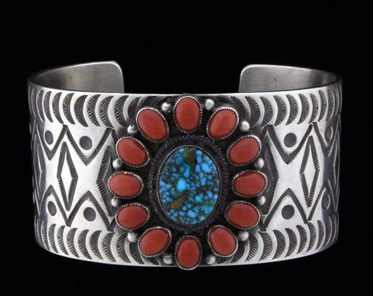 Natural Birdseye Kingman Turquoise With Coral Cluster Surround Bracelet