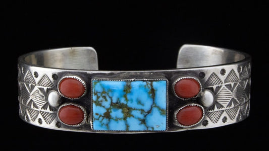 Natural Kingman Water Web Turquoise & Natural Coral Bracelet