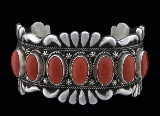 High Grade Natural Mediterranean Coral 7-Stone Row Bracelet