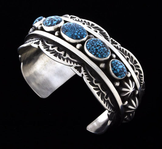 Natural Kingman Black Web Turquoise 5-Stone Row Bracelet